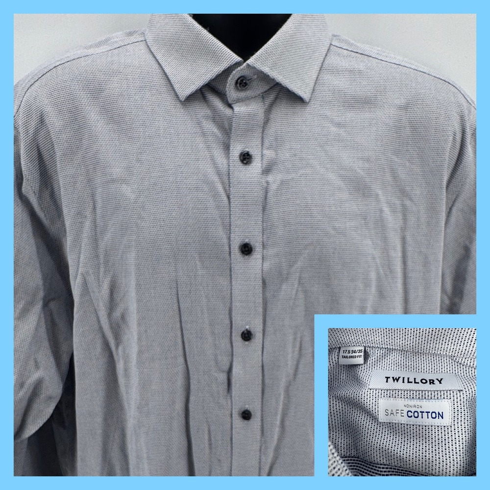 TWILLORY Men's Tailored Fit Long Sleeve Dress Shirt Size 17.5 Grey Micro‎ Dot
